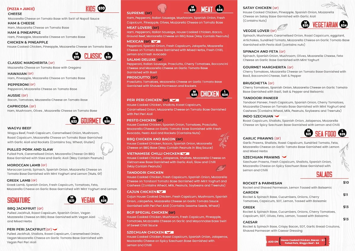 Menu, Baldivis Gourmet Pizza