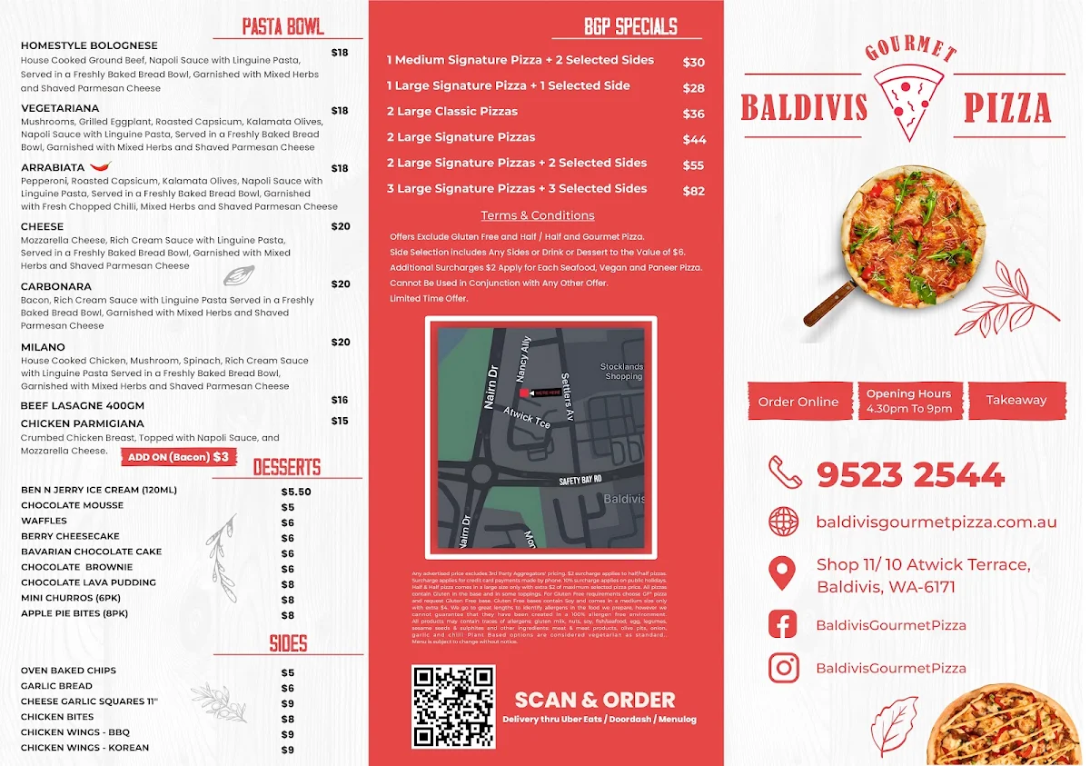 Menu, Baldivis Gourmet Pizza