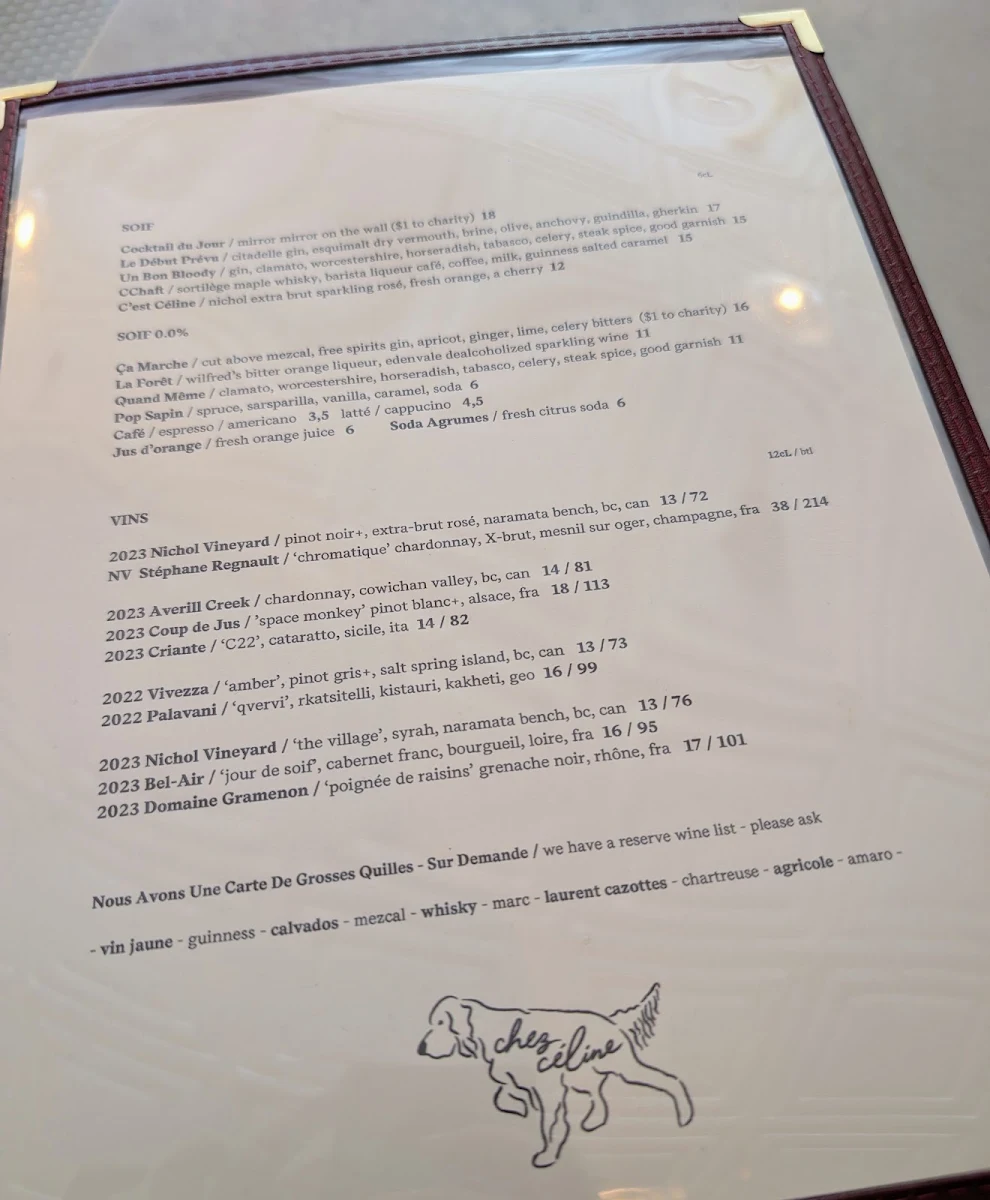 Menu, Chez Céline