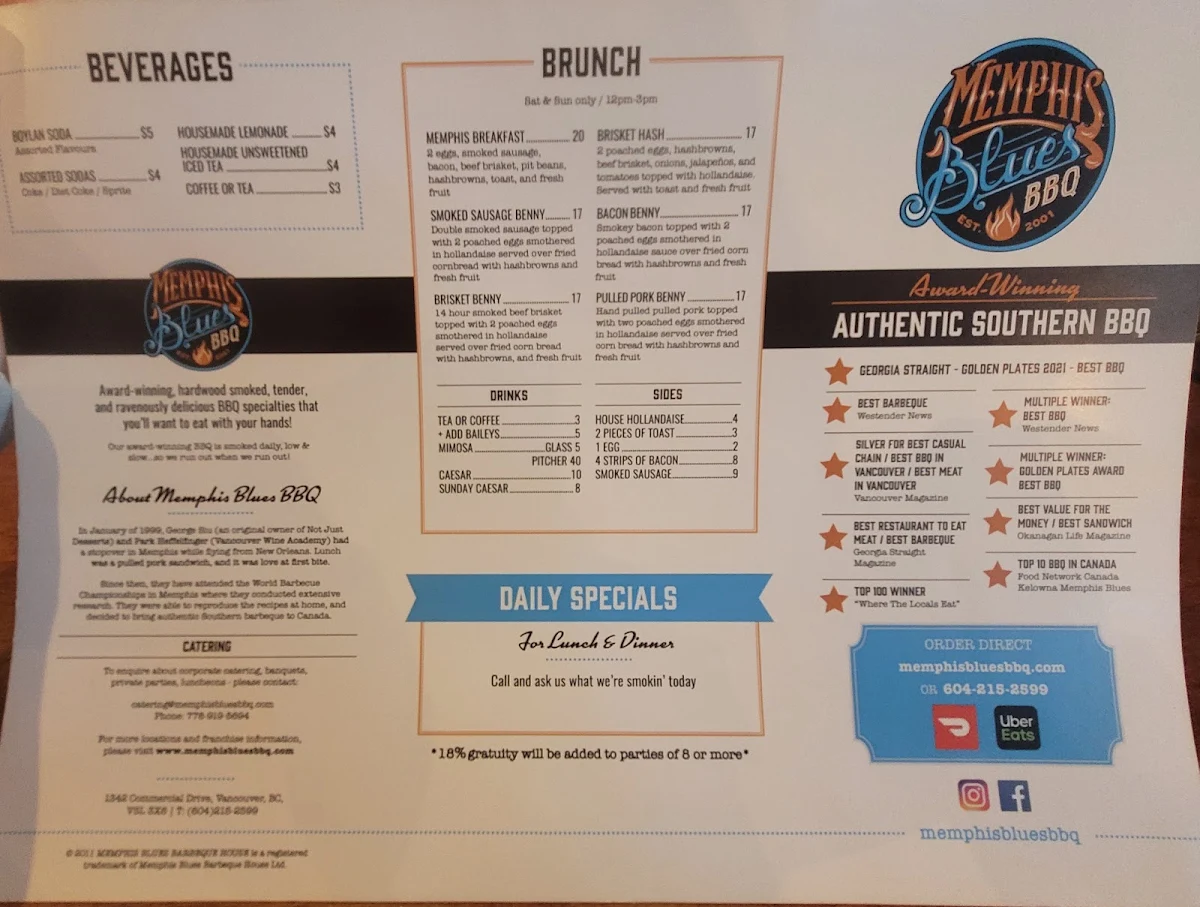 Menu, Memphis Blues Barbeque House