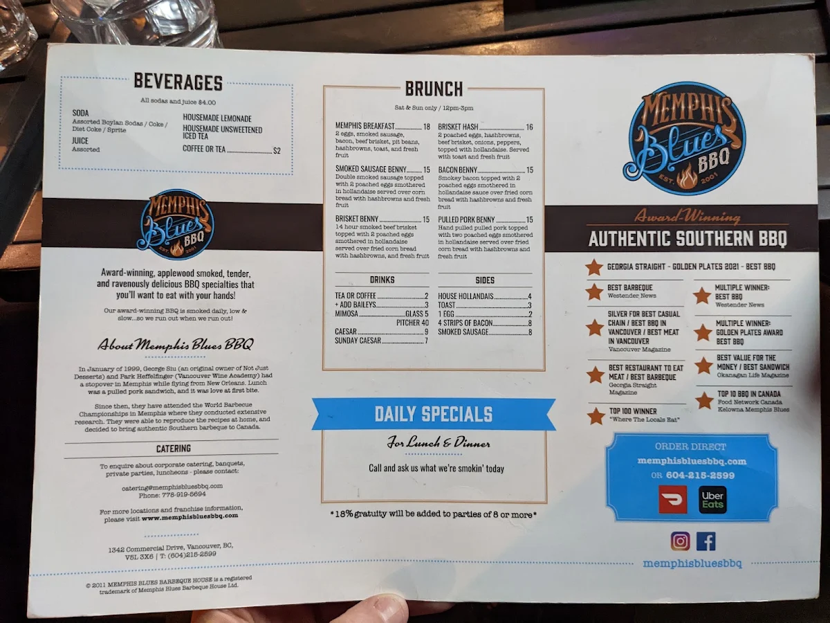 Menu, Memphis Blues Barbeque House