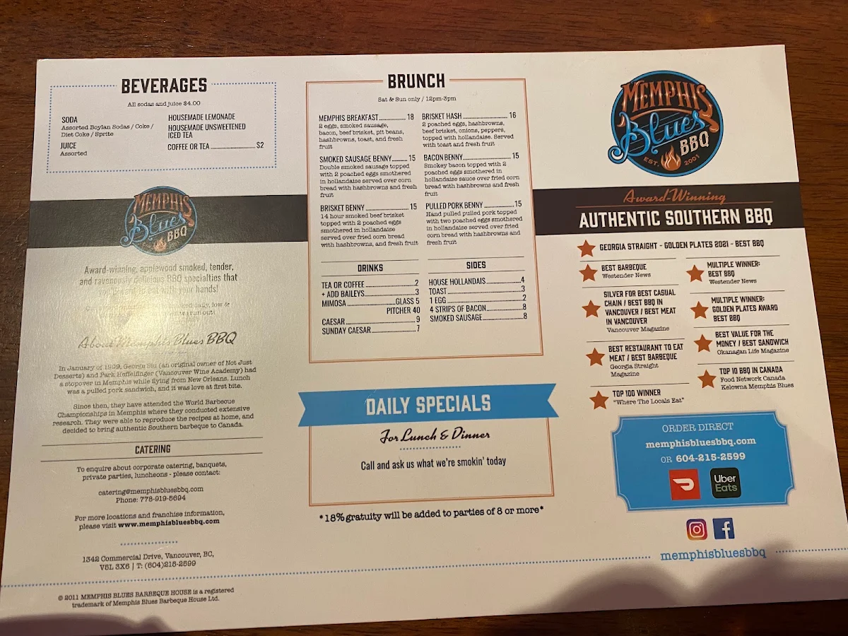 Menu, Memphis Blues Barbeque House