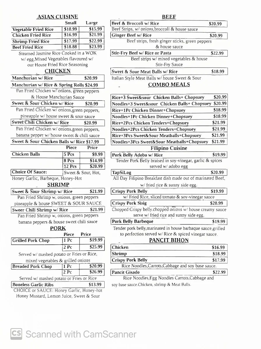Menu, Chips Family Restaurant