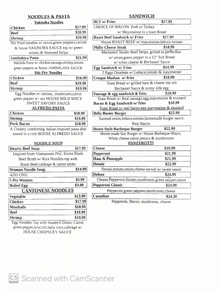 Menu, Chips Family Restaurant