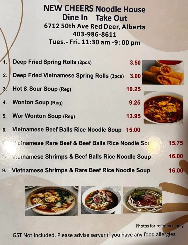 Menu, New Cheers Noodles House