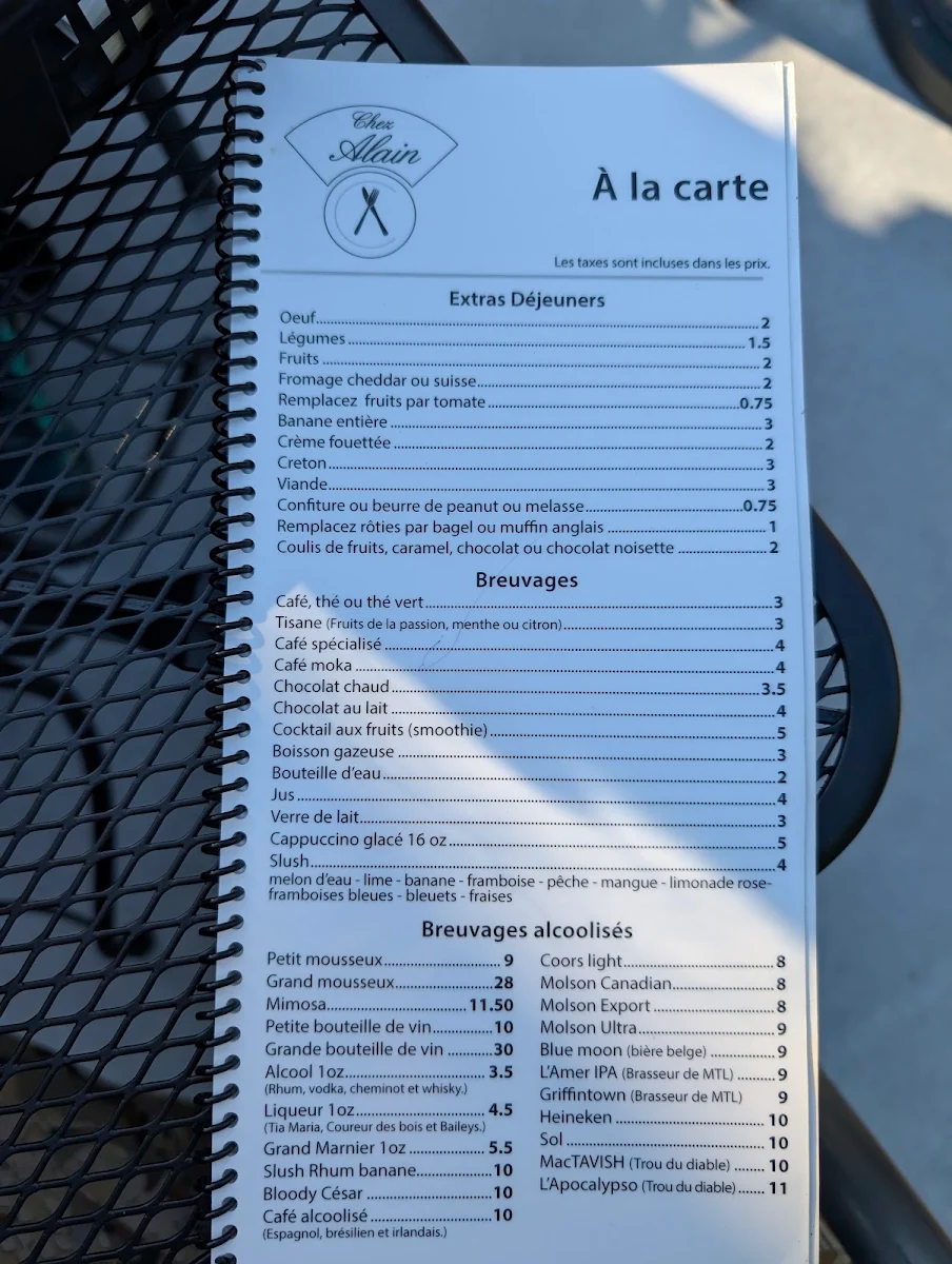 Menu, Chez Alain