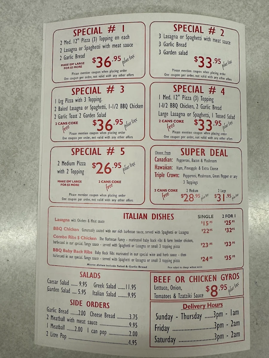 Menu, Surrey Pizza & Chicken