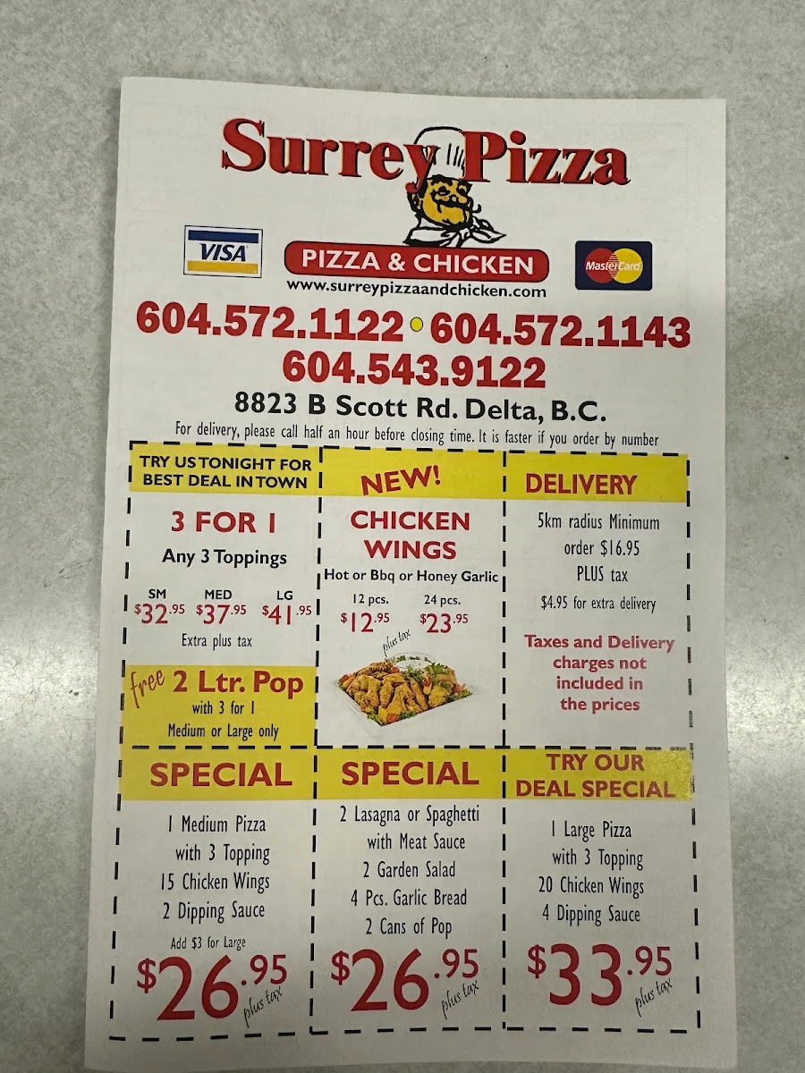 Menu, Surrey Pizza & Chicken