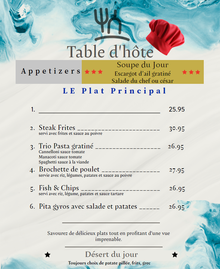 Menu, Resto d'l'estrie