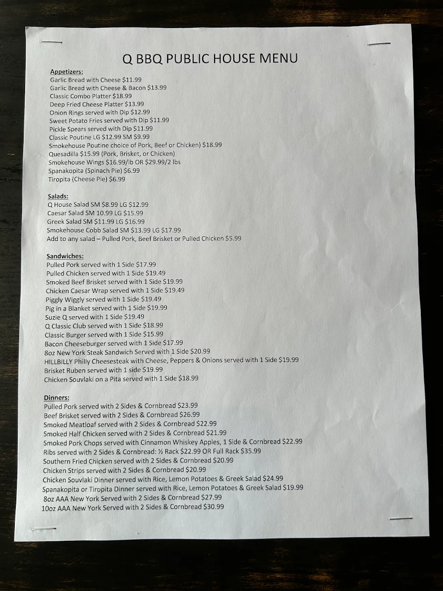 Menu, Q BBQ Public House