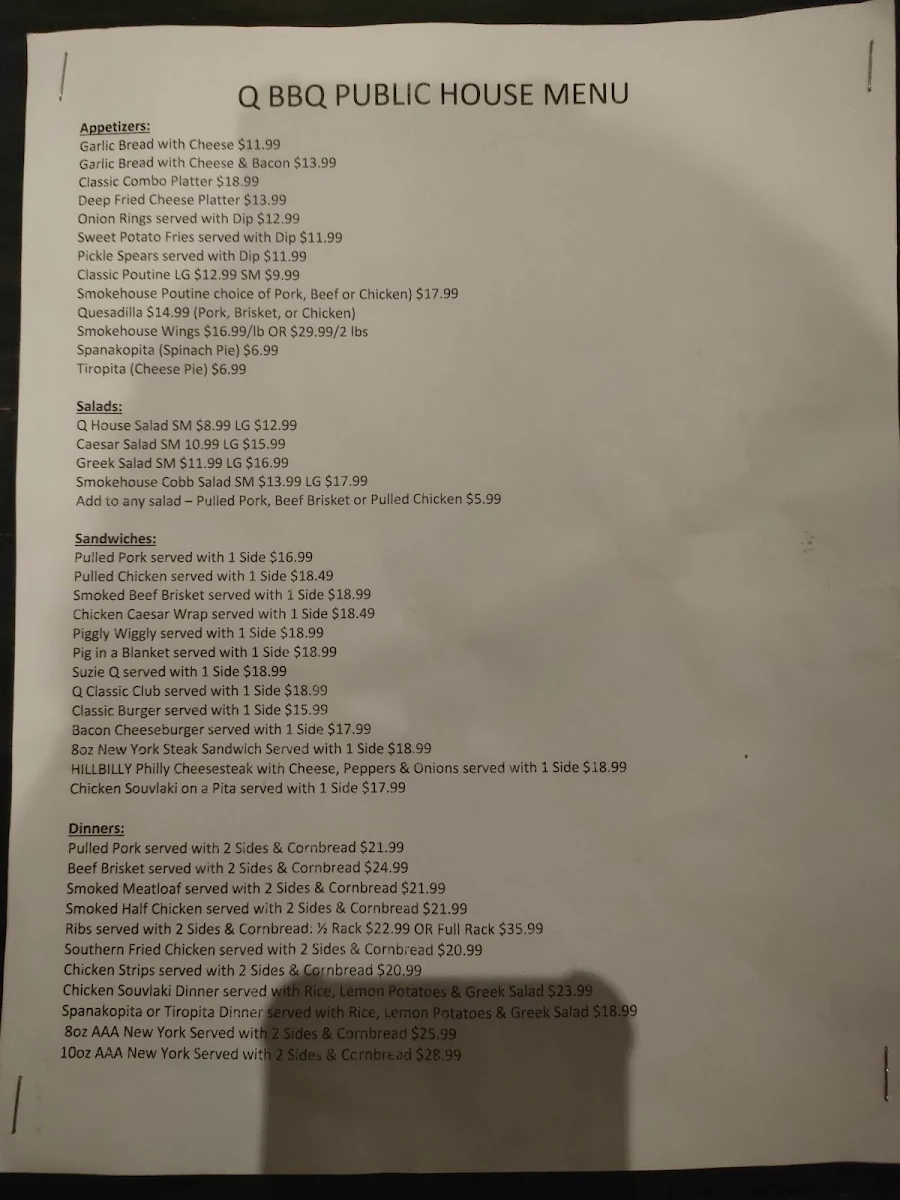 Menu, Q BBQ Public House