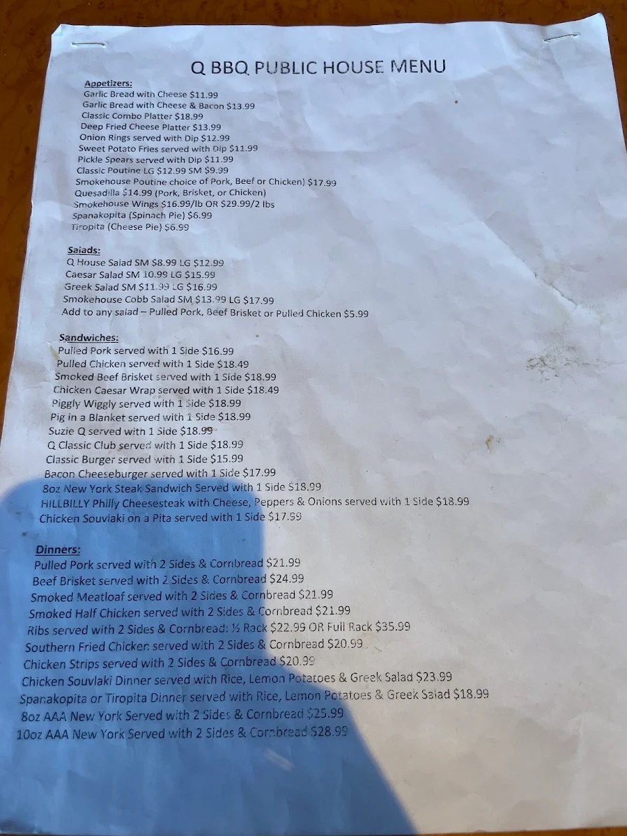 Menu, Q BBQ Public House