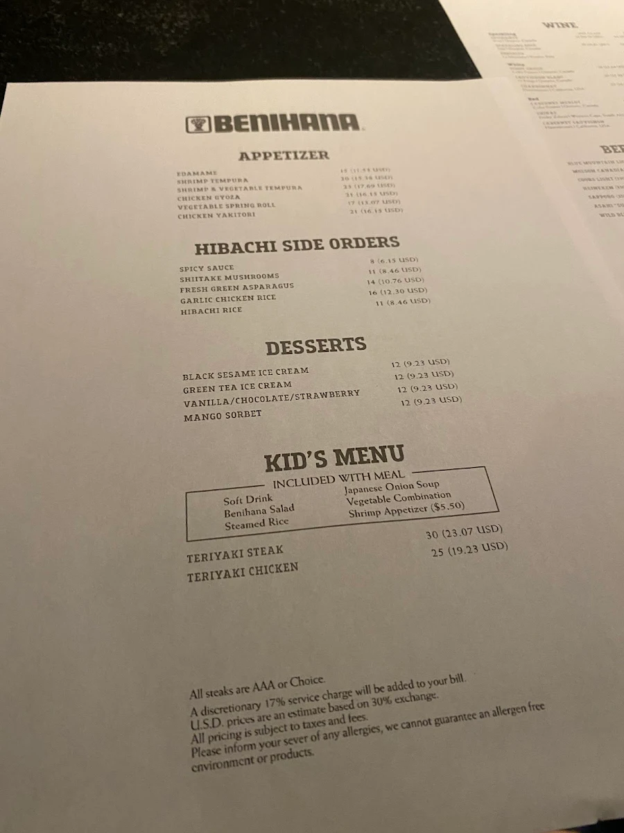 Menu, Benihana Niagara Falls
