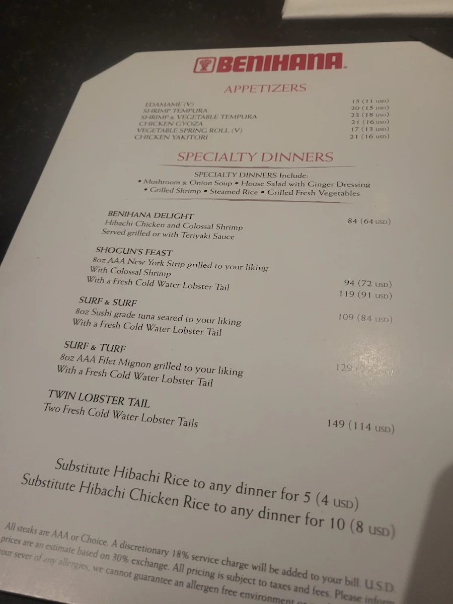 Menu, Benihana Niagara Falls