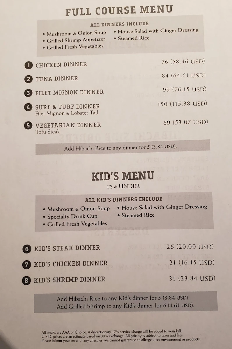 Menu, Benihana Niagara Falls