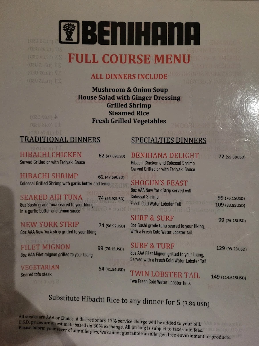Menu, Benihana Niagara Falls
