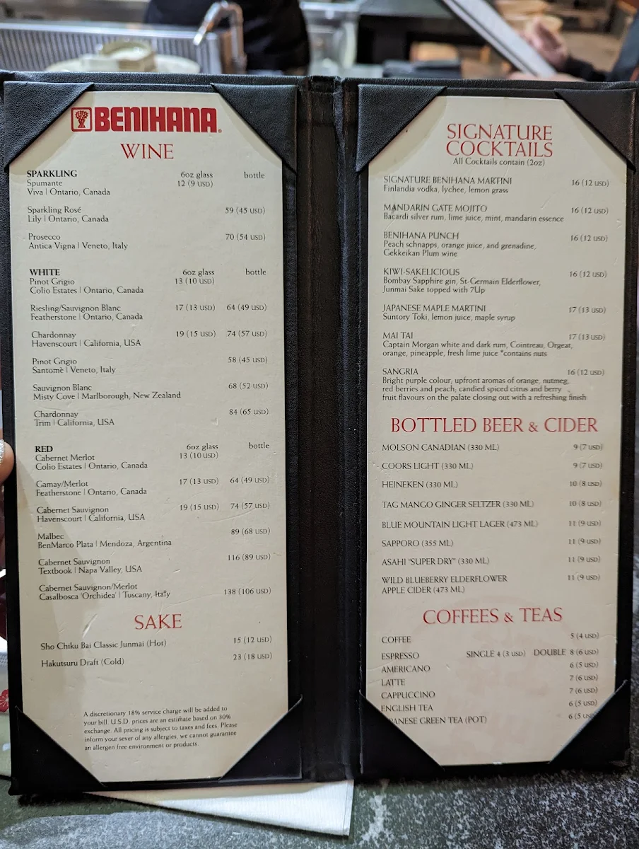 Menu, Benihana Niagara Falls