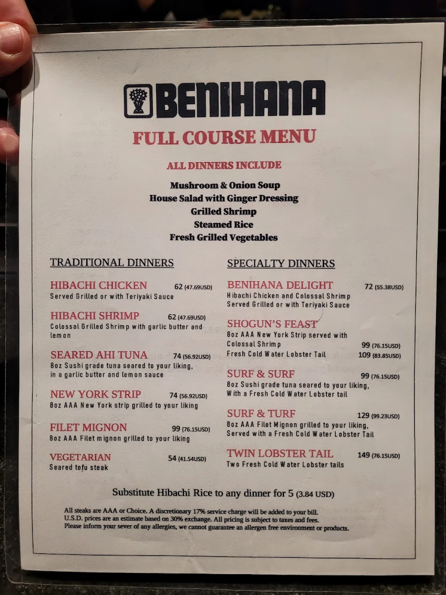 Menu, Benihana Niagara Falls