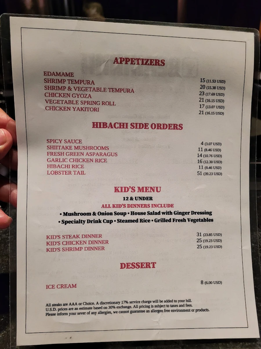 Menu, Benihana Niagara Falls