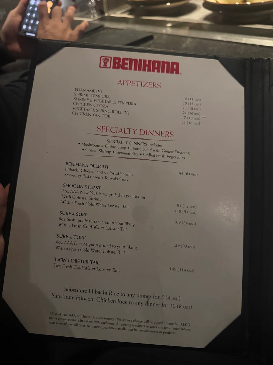 Menu, Benihana Niagara Falls