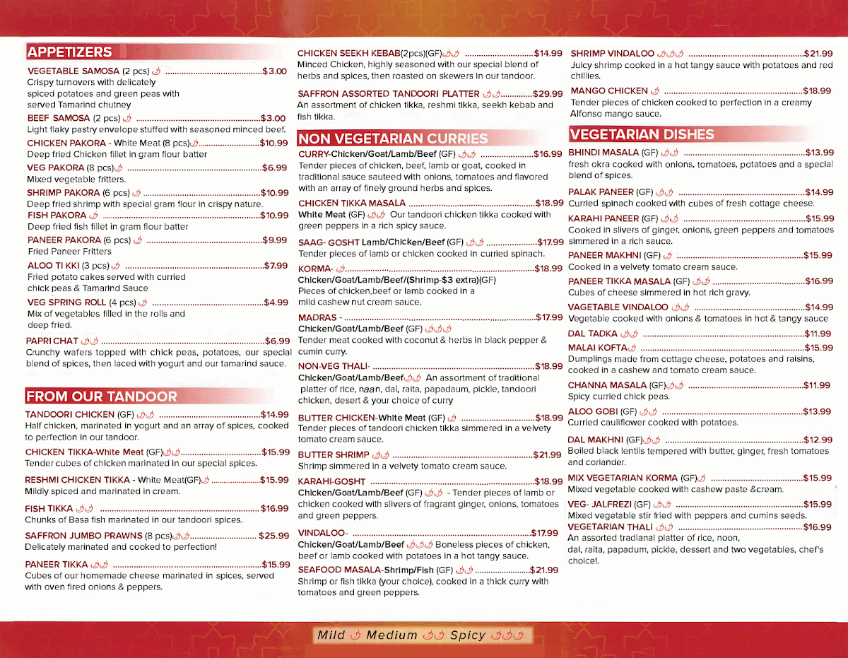 Menu, The Saffron Indian Restaurant