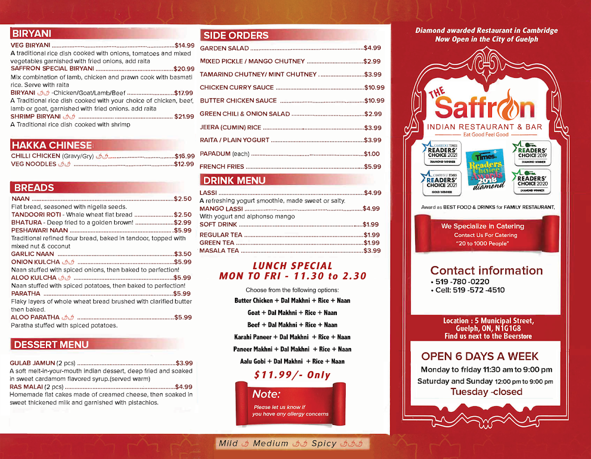Menu, The Saffron Indian Restaurant