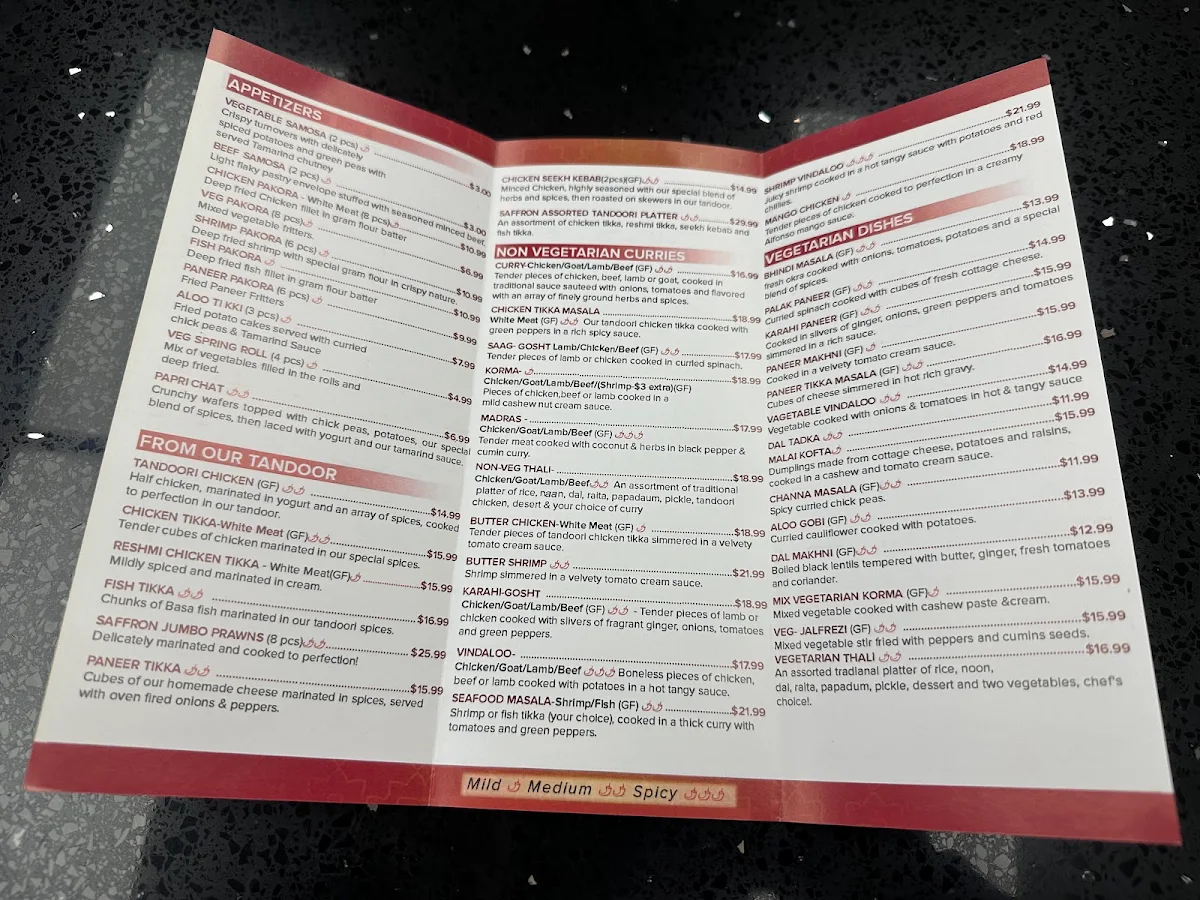 Menu, The Saffron Indian Restaurant