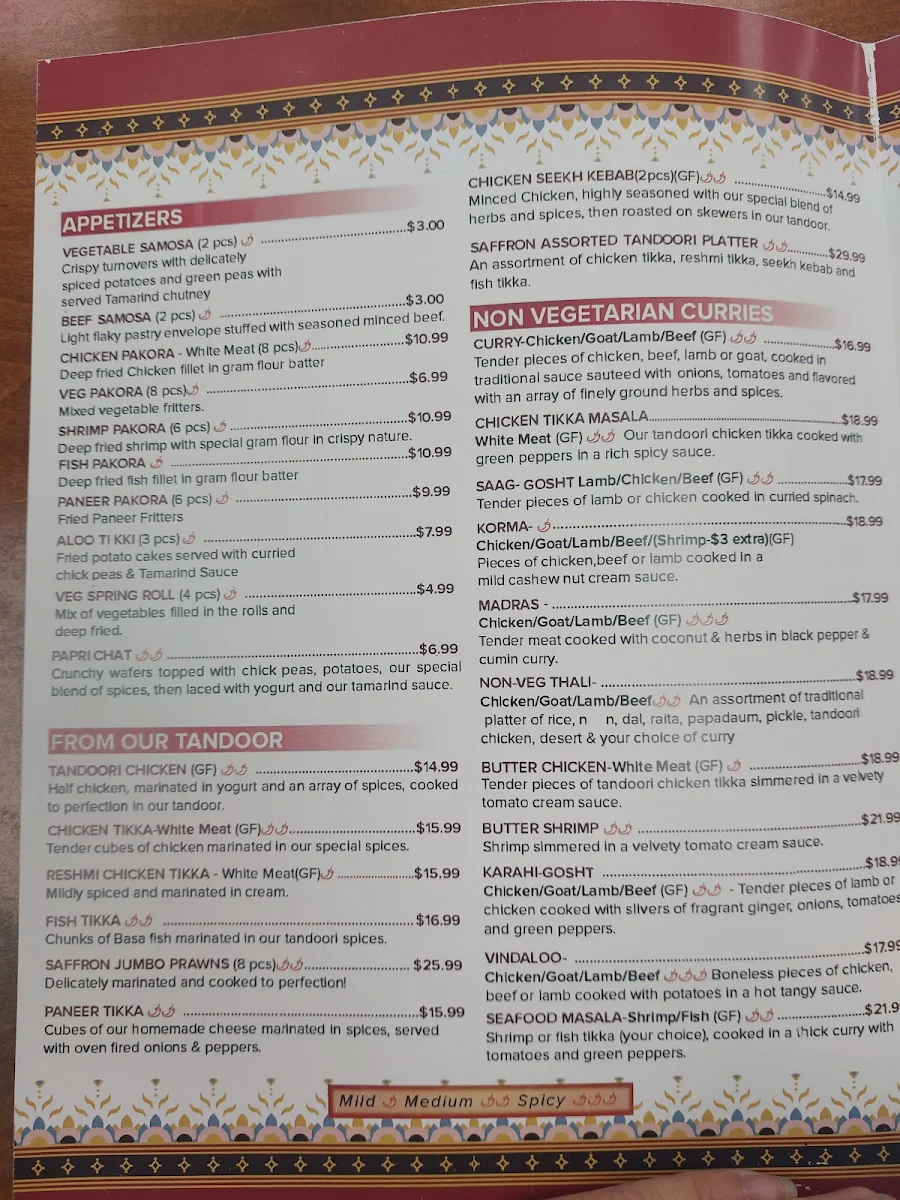 Menu, The Saffron Indian Restaurant