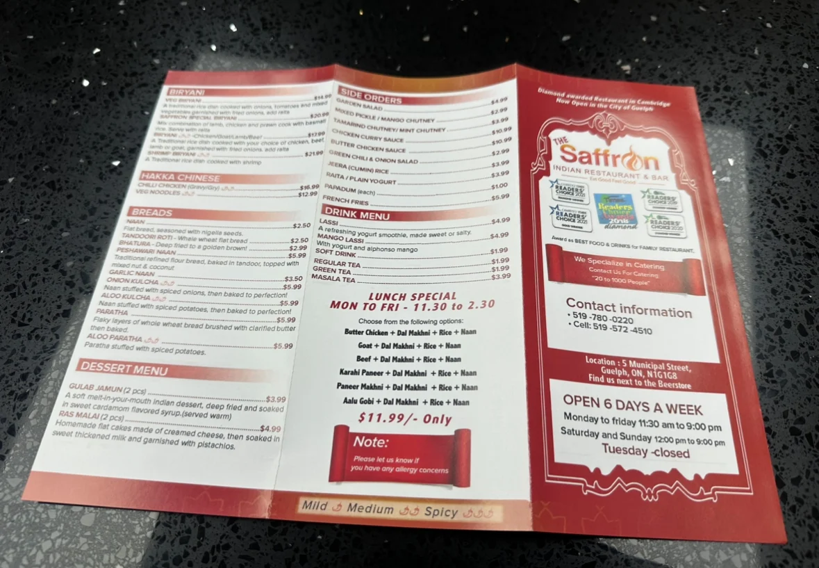 Menu, The Saffron Indian Restaurant