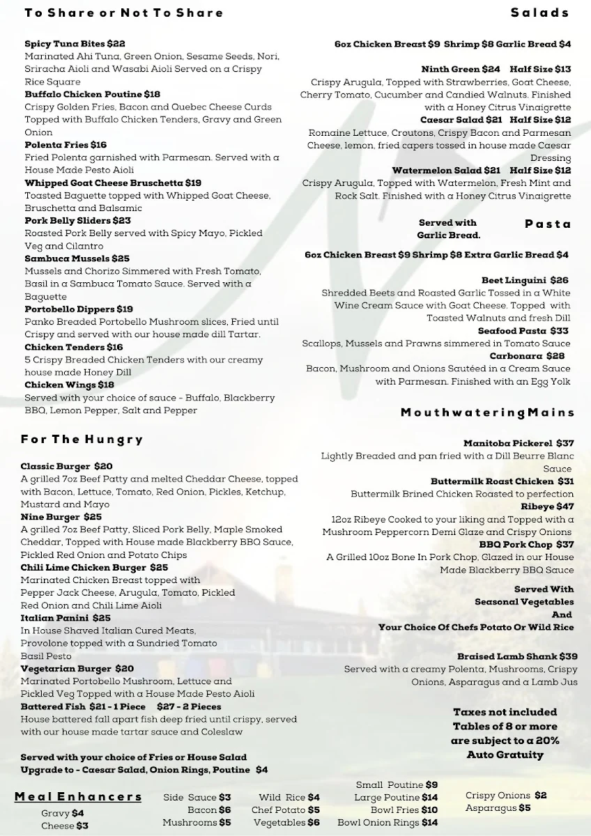 Menu, Nine Restaurant and Lounge Clear Lake Golf Course