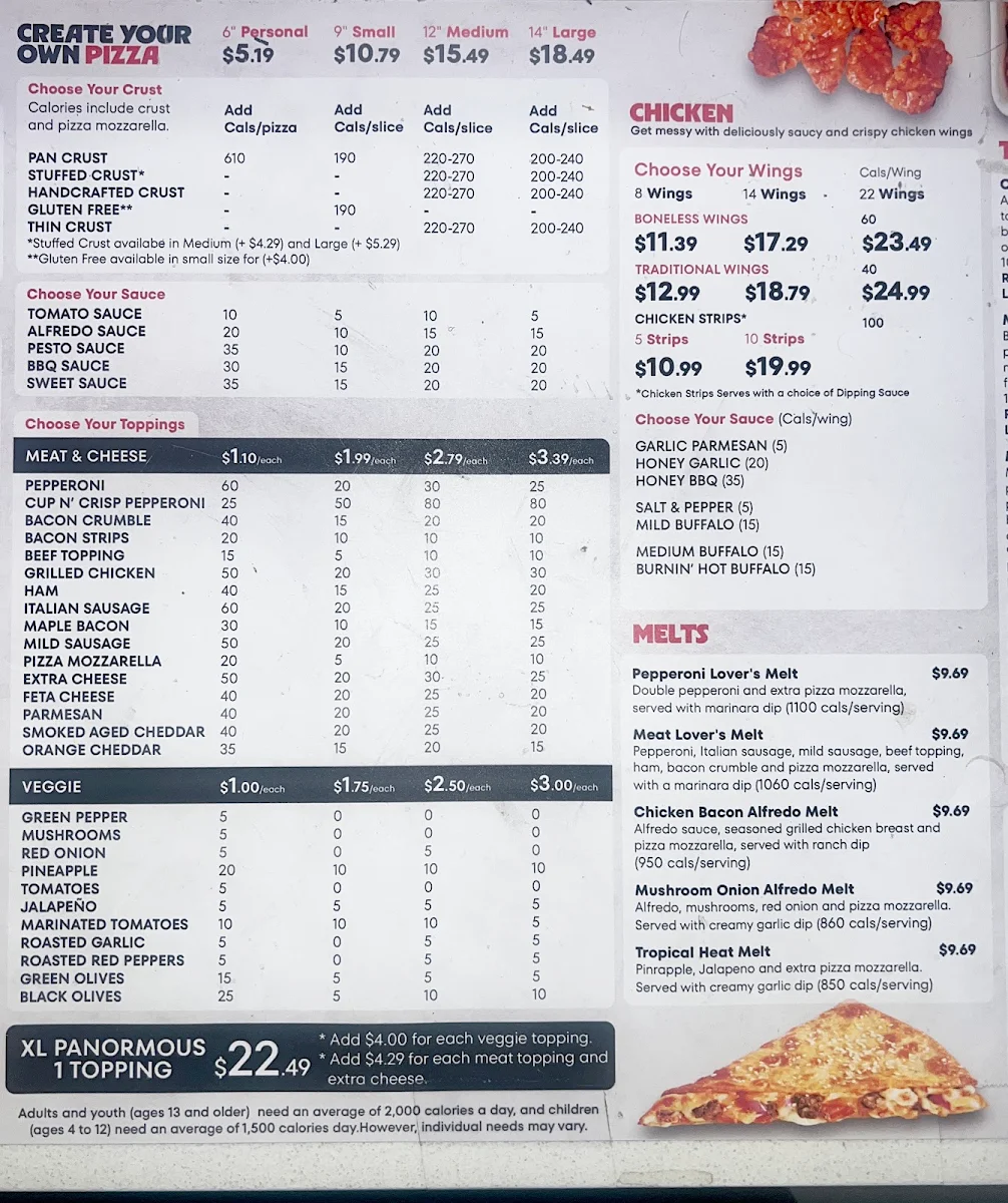 Menu, Pizza Hut