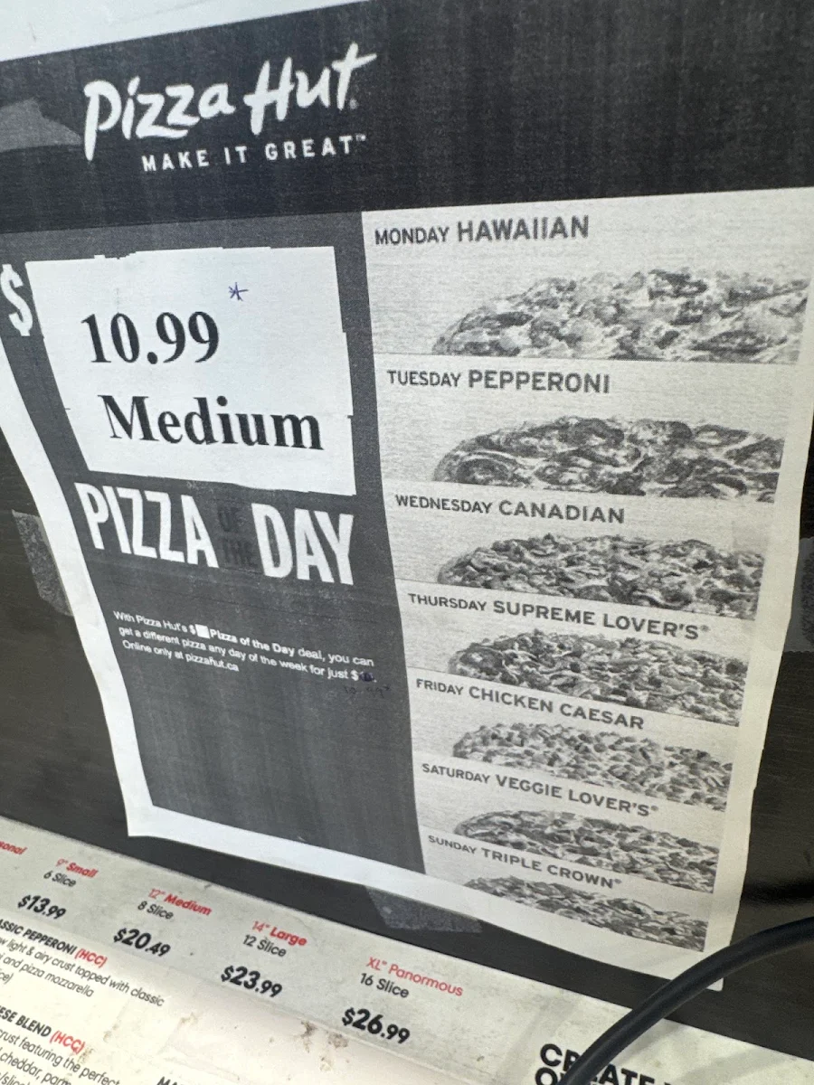 Menu, Pizza Hut