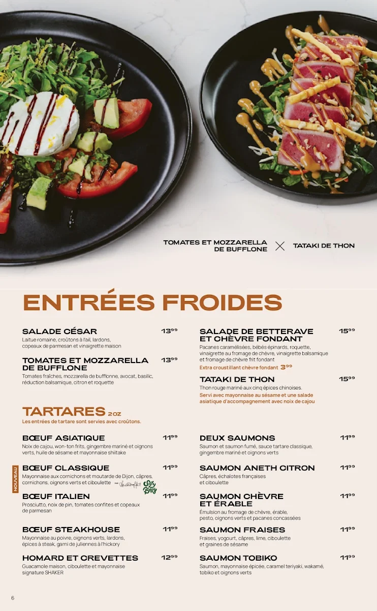 Menu, SHAKER Cuisine & Mixologie Vaudreuil-Dorion