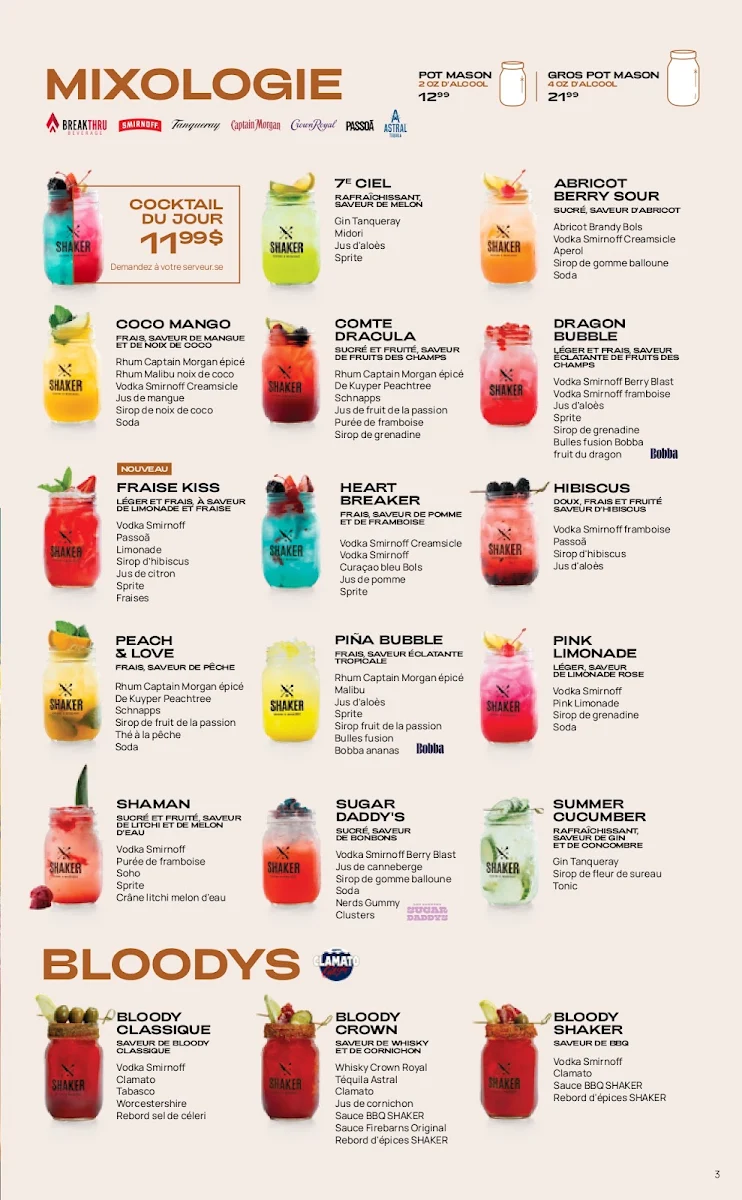 Menu, SHAKER Cuisine & Mixologie Vaudreuil-Dorion