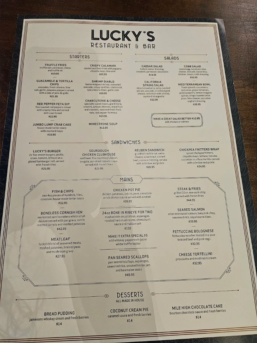 Menu, Lucky's Restaurant & Bar