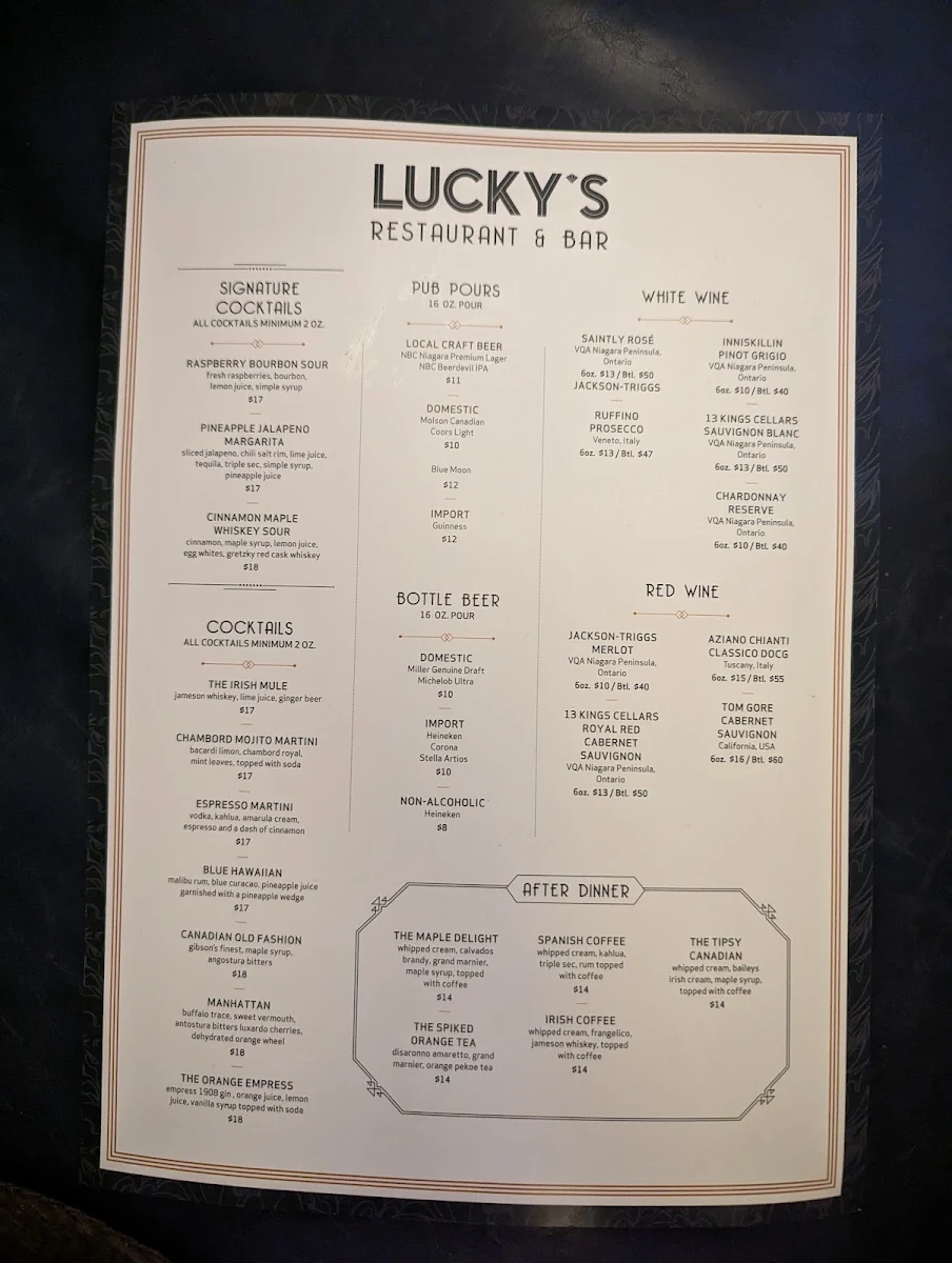Menu, Lucky's Restaurant & Bar