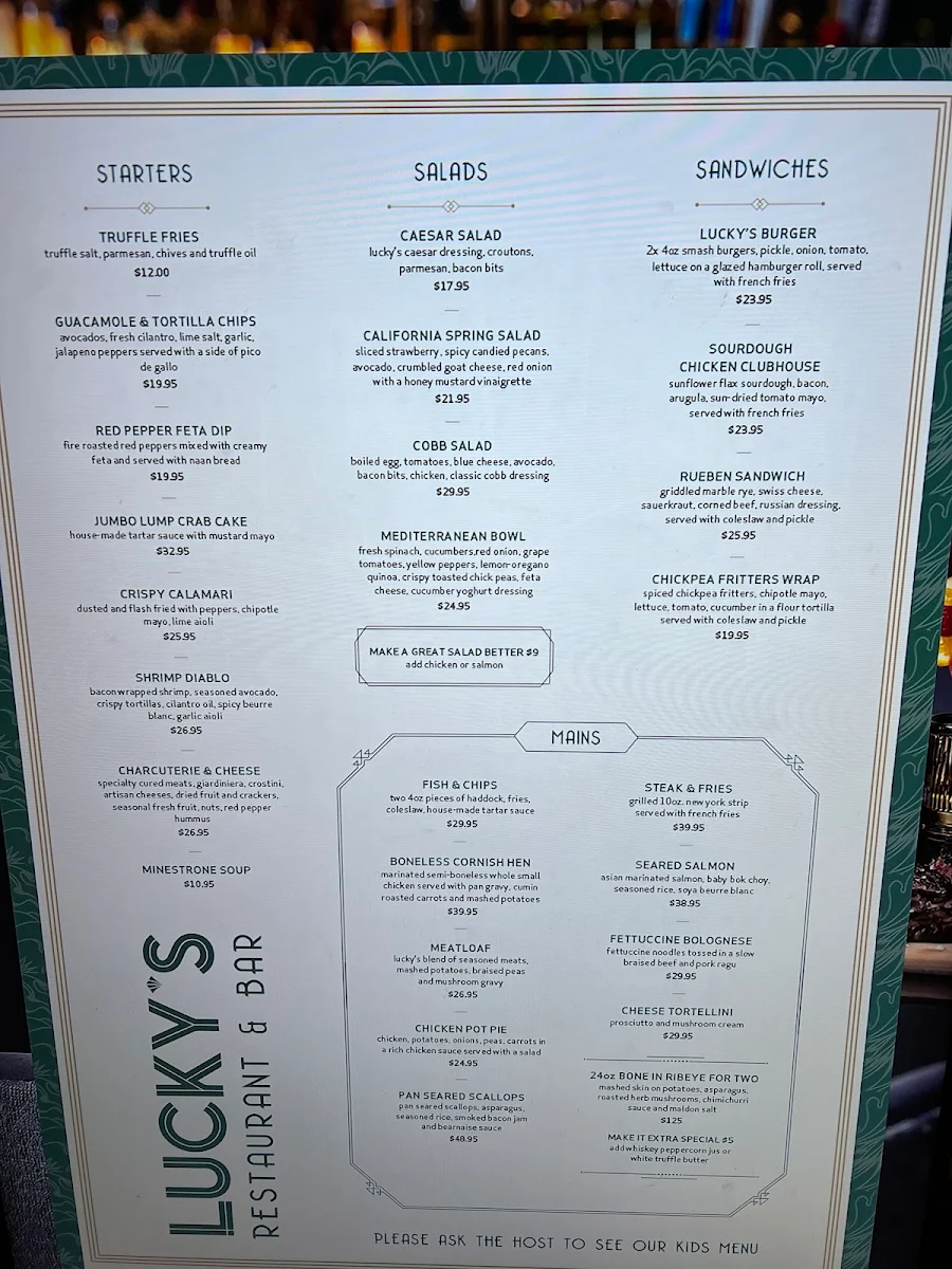 Menu, Lucky's Restaurant & Bar