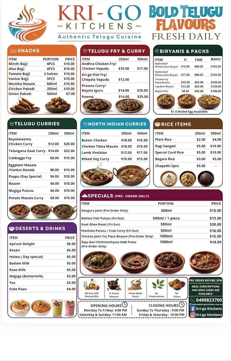 Menu, Kri-go kitchens Adelaide