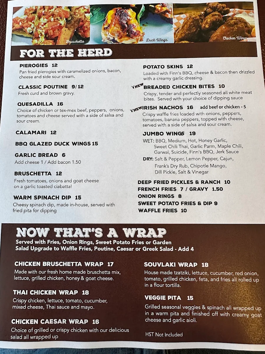 Menu, Finn’s Pub