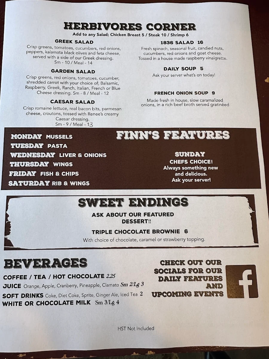 Menu, Finn’s Pub