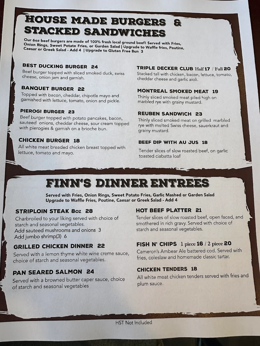 Menu, Finn’s Pub