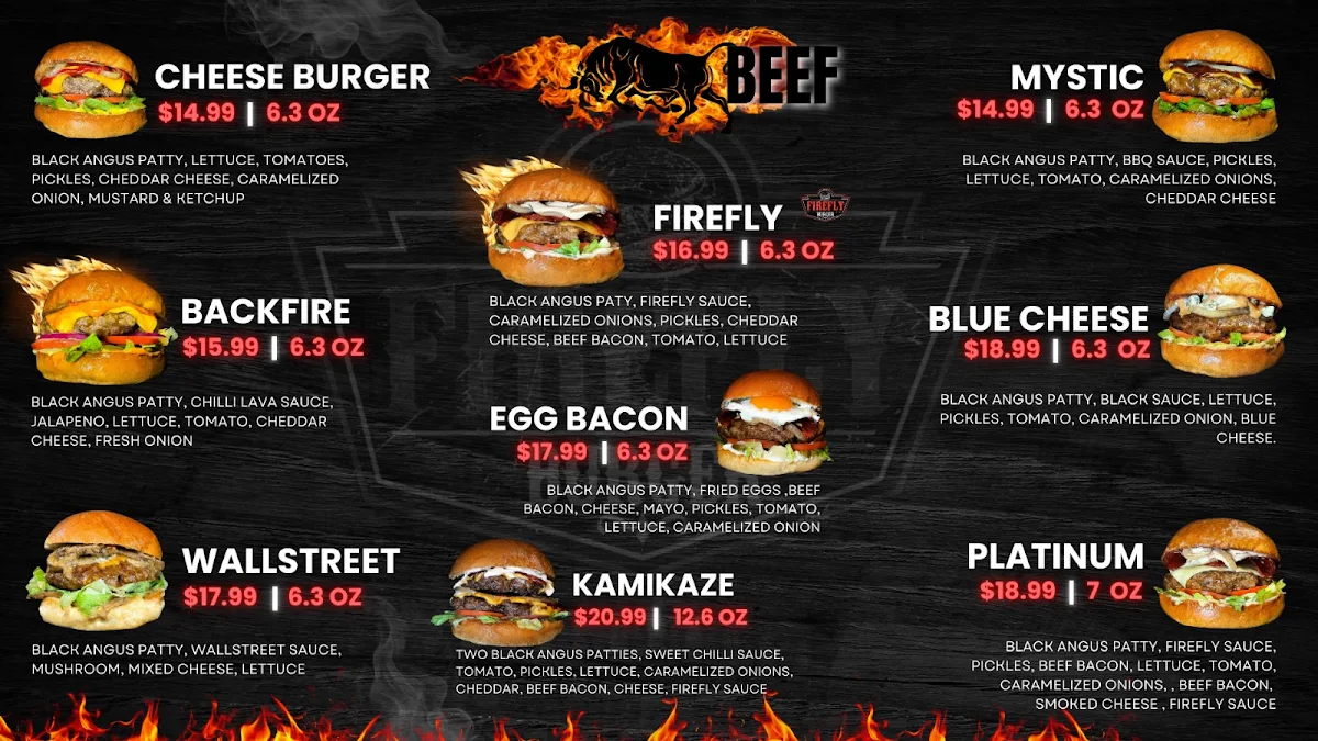 Menu, Firefly Burger Toronto
