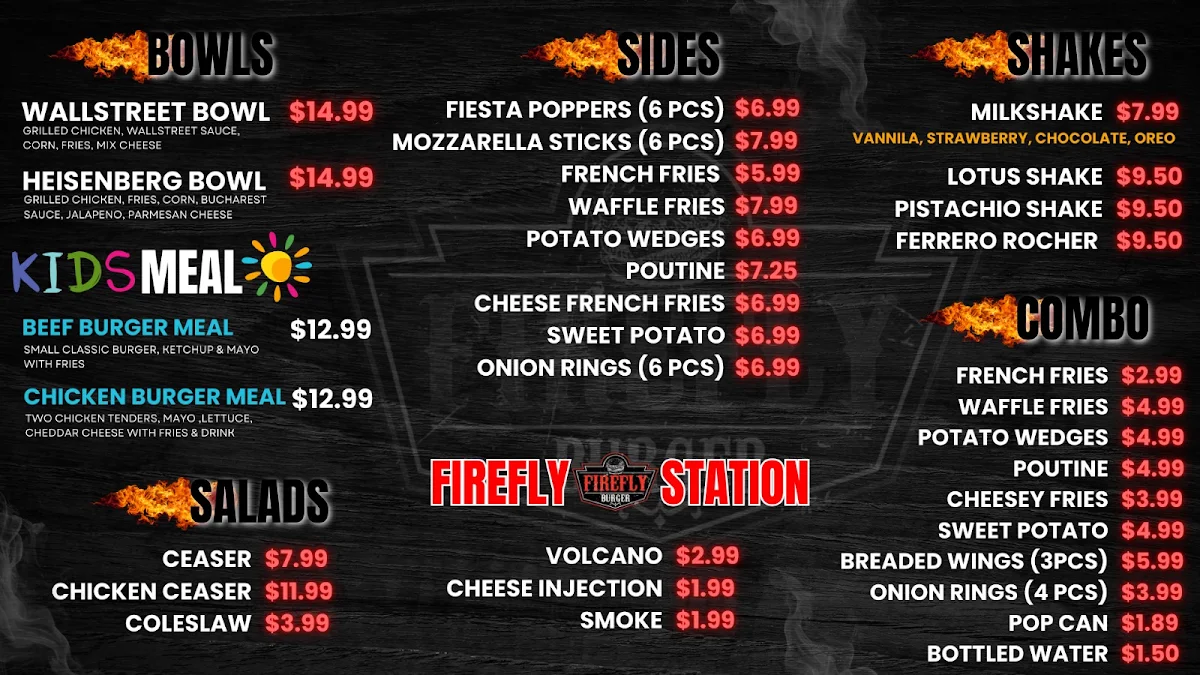 Menu, Firefly Burger Toronto