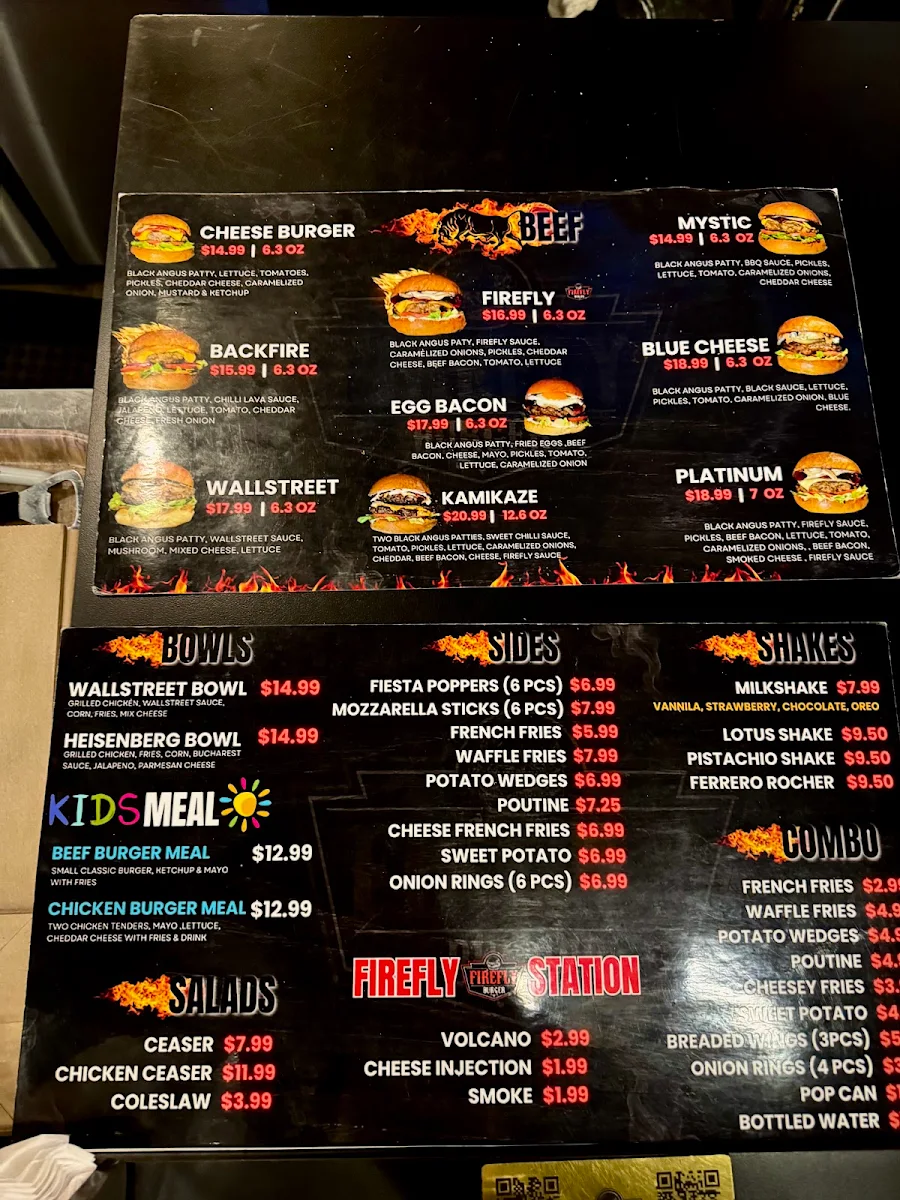 Menu, Firefly Burger Toronto