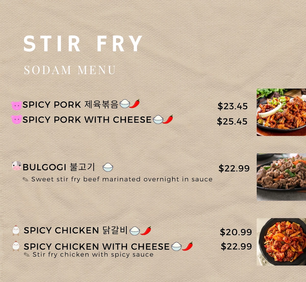 Menu, Sodam Korea
