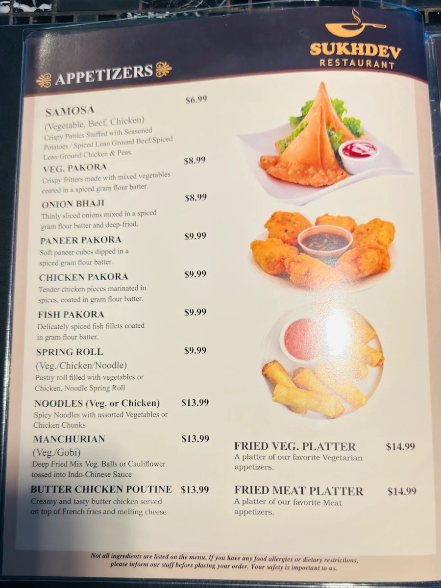 Menu, Sukhdev Restaurant Sault Ste. Marie
