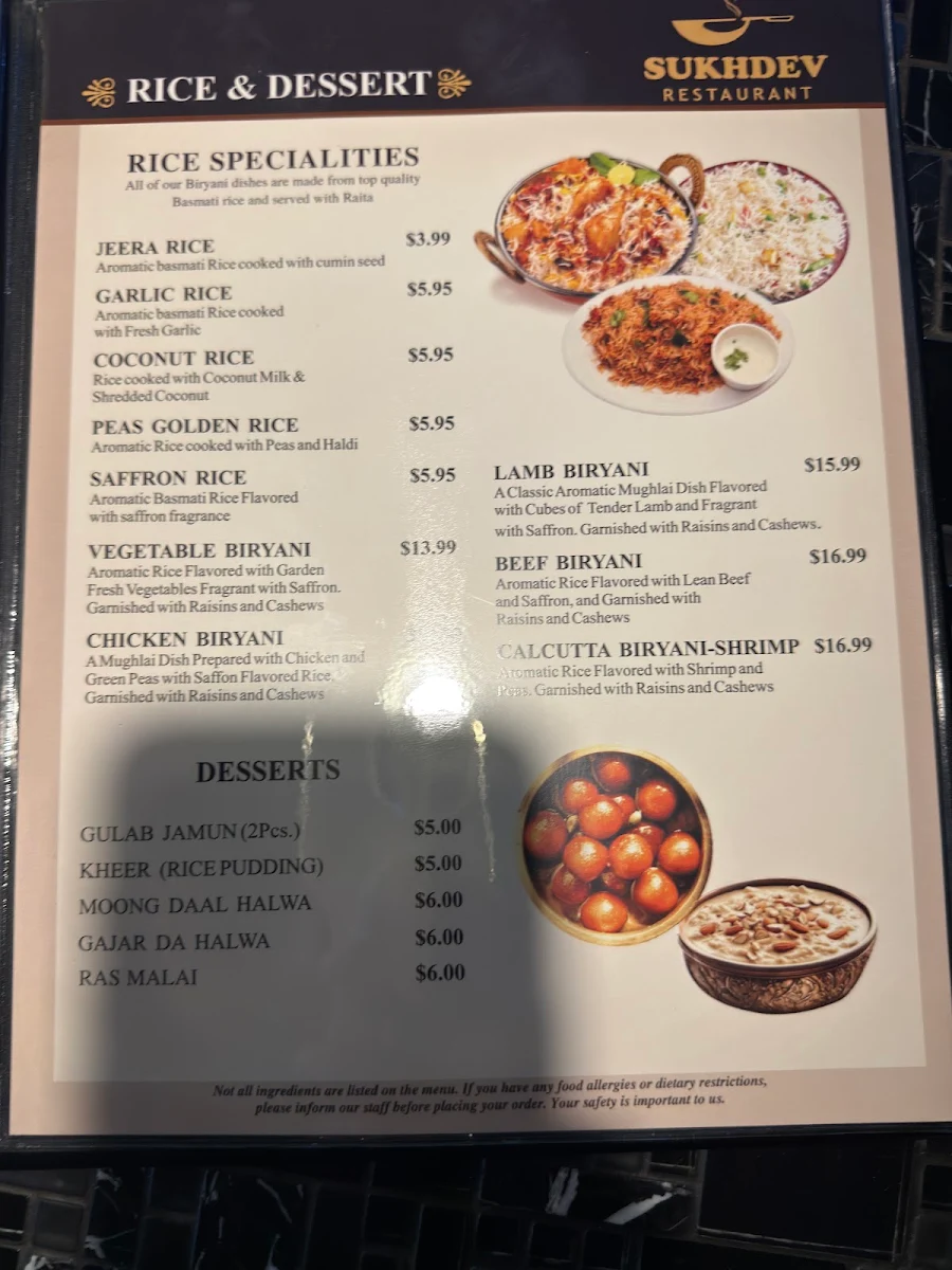 Menu, Sukhdev Restaurant Sault Ste. Marie