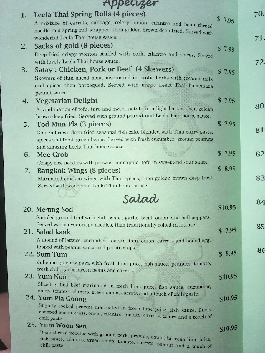 Menu, Leela Thai Restaurant
