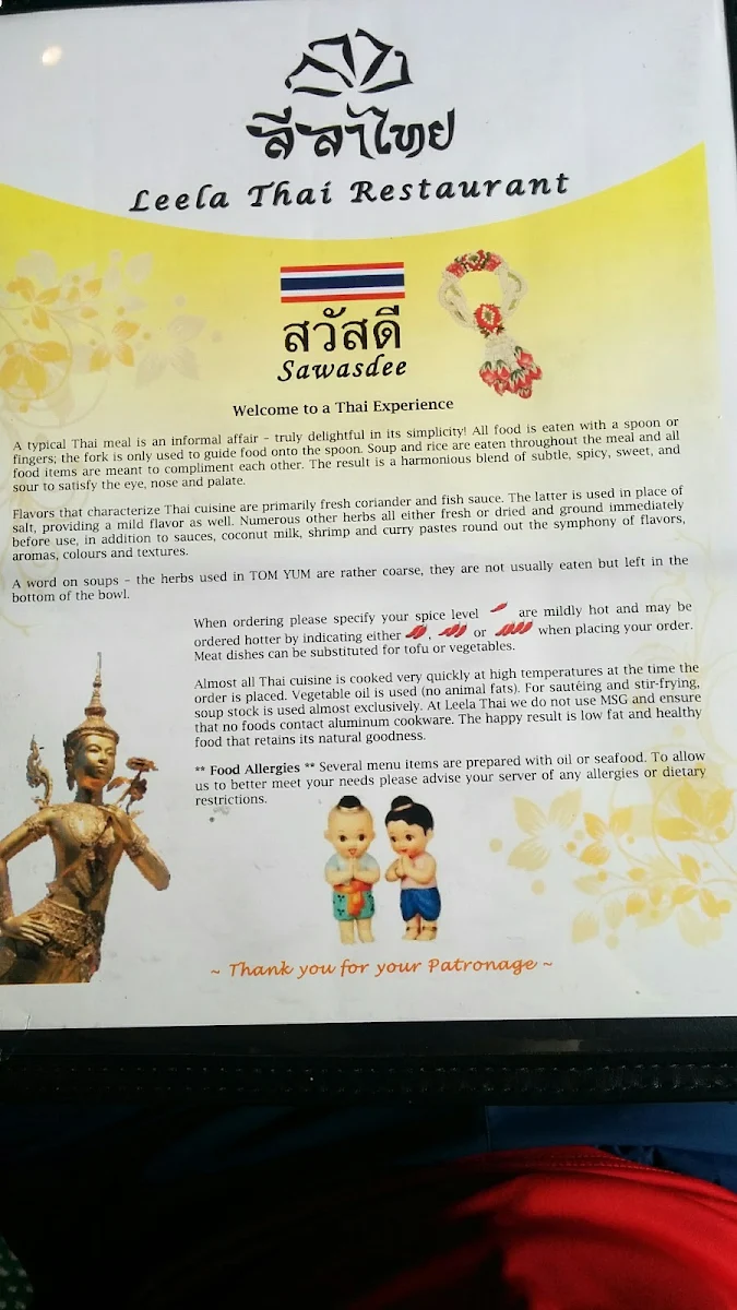 Menu, Leela Thai Restaurant