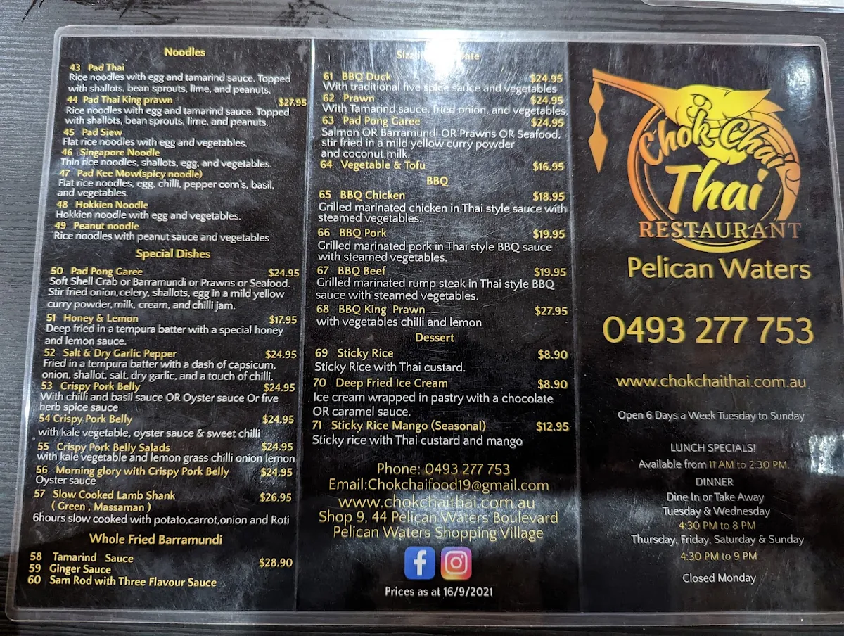 Menu, Chok Chai Thai Restaurant